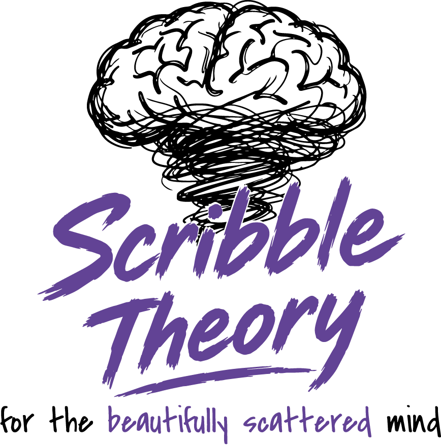 Scribble Theory Logo Scribble Theory logo featuring a stylized brain icon and handwritten lettering with the tagline "for the beautifully scattered mind."