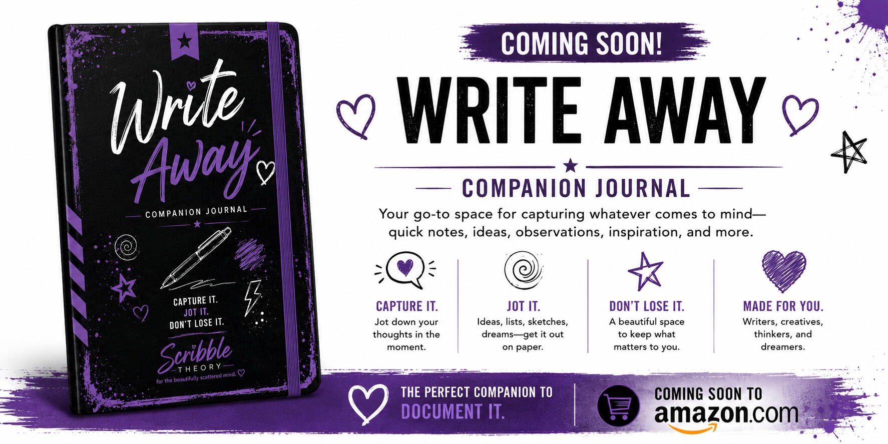 Write Away | Companion Journal | Scribble Theory Promotional graphic for Write Away, a companion journal by Scribble Theory. The image features the Write Away journal cover with text describing it as a space for capturing notes, ideas, observations, inspiration, and everyday thoughts. Coming soon on Amaz