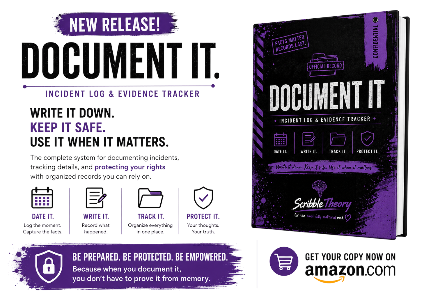 Document It | Incident Log & Evidence Tracker | Scribble Theory Promotional graphic for Document It, an incident log and evidence tracker from Scribble Theory. The image features the Document It journal cover alongside text describing its purpose for documenting incidents, tracking evidence, organizing records, and pro
